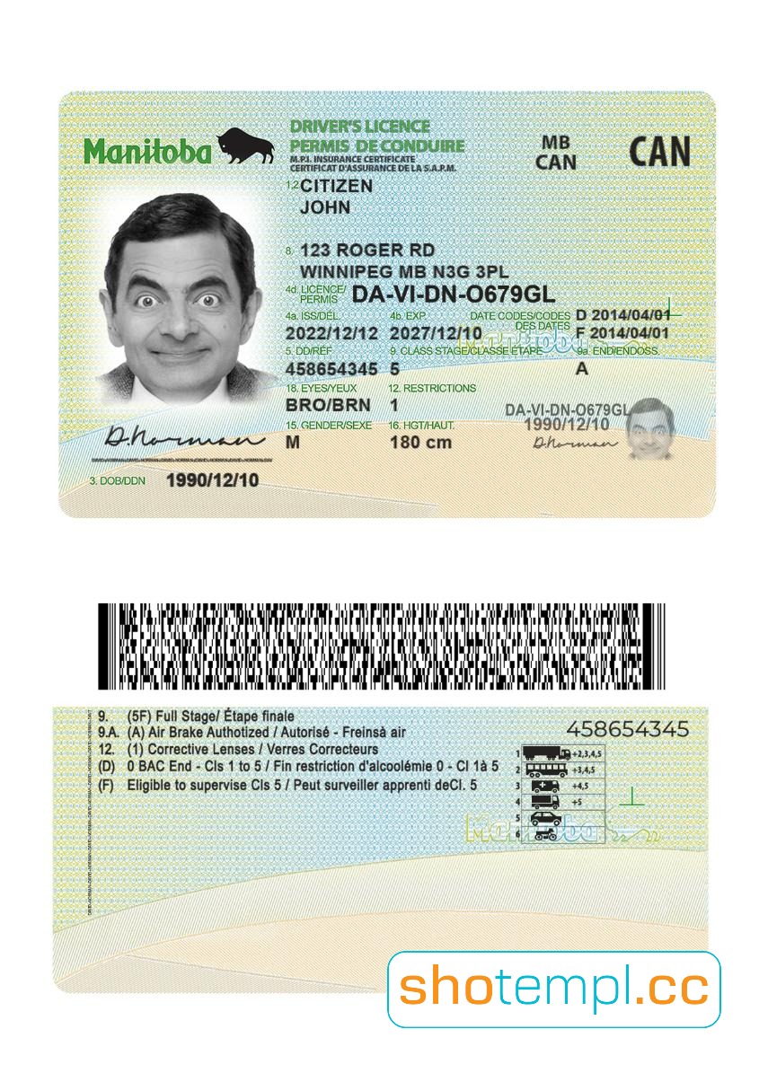 Canada Manitoba Driver License PSD Template